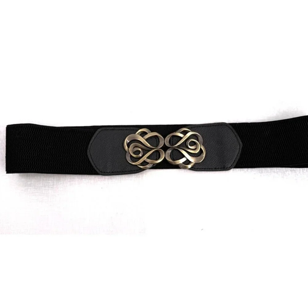 Unbranded Stretch Waist Belt 32.5 Inches Black with Gold Buckle